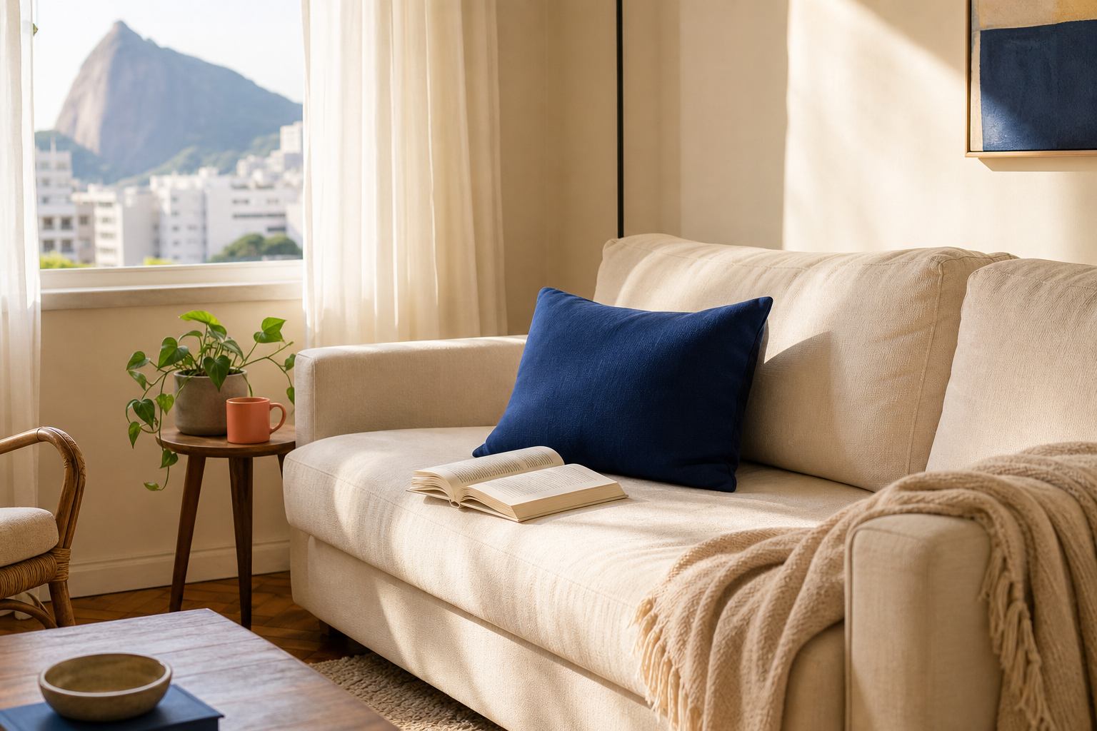 Sala carioca iluminada com sofá de tecido claro limpinho, almofada azul e vista para o Pão de Açúcar