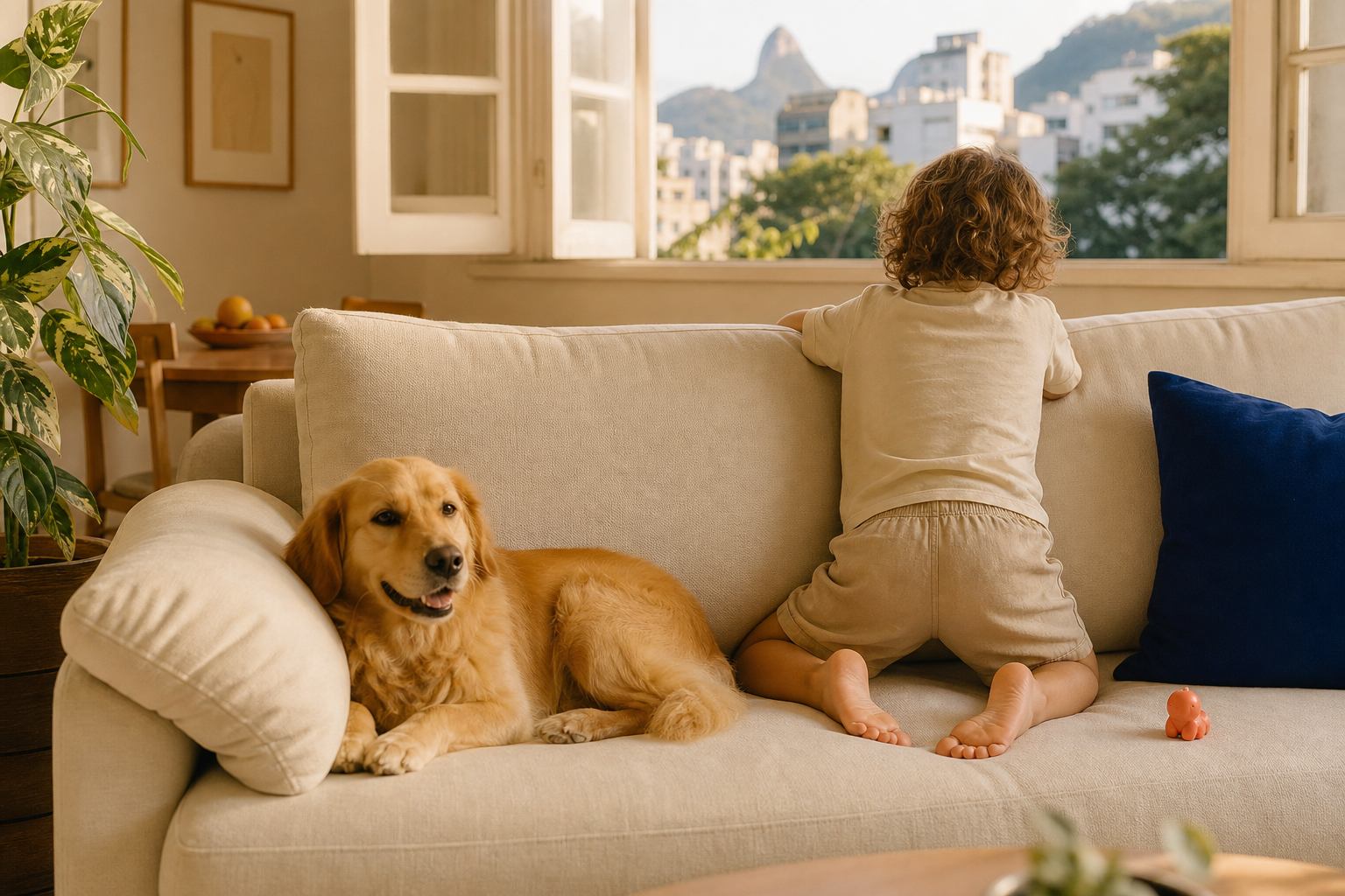 Criança de costas e cachorro golden relaxando num sofá claro e limpo, janela aberta para o Rio de Janeiro